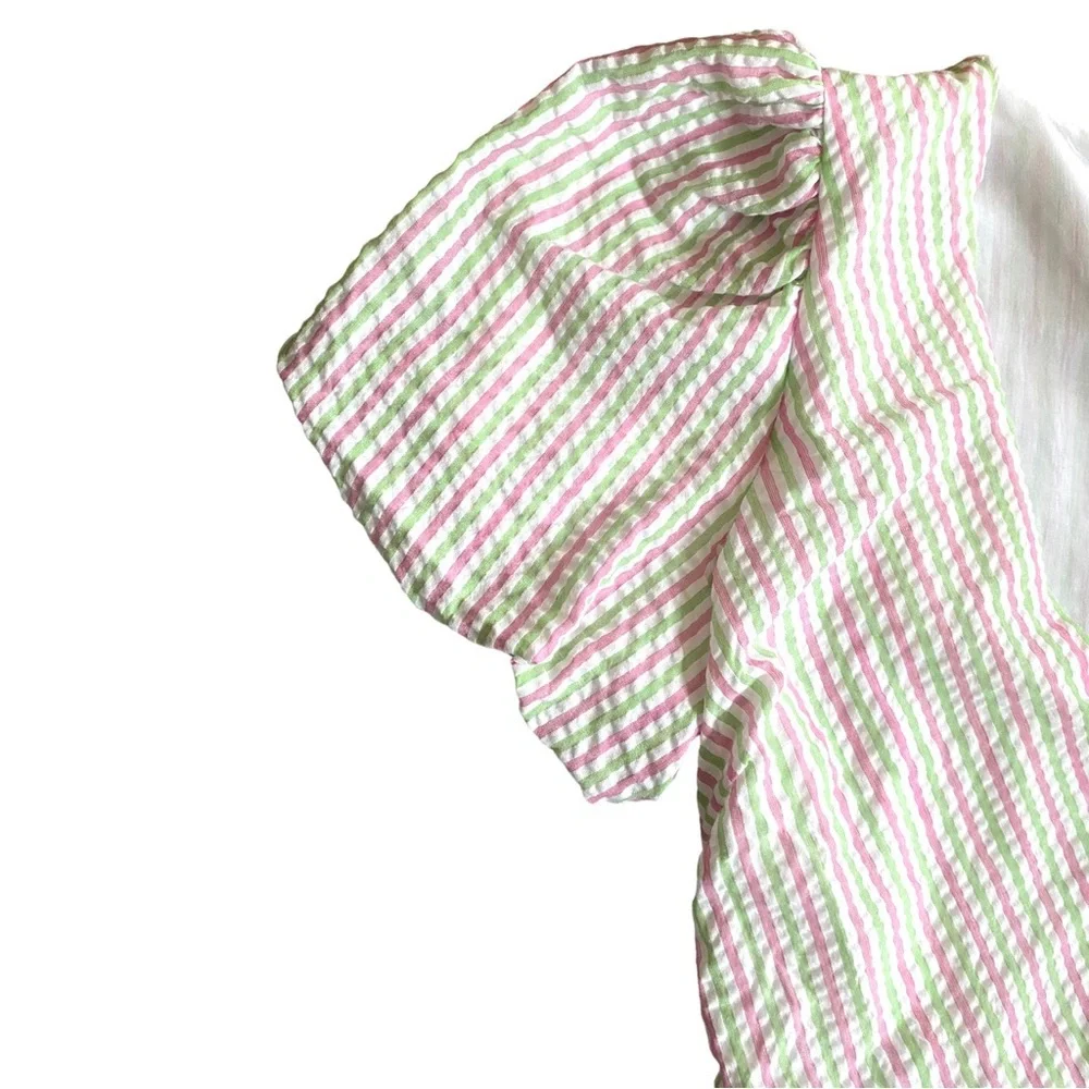 NEW Draper James RSVP Puff Sleeve Pinstripe V-Neck Bow Wrap Dress Size Small - Picture 5 of 8